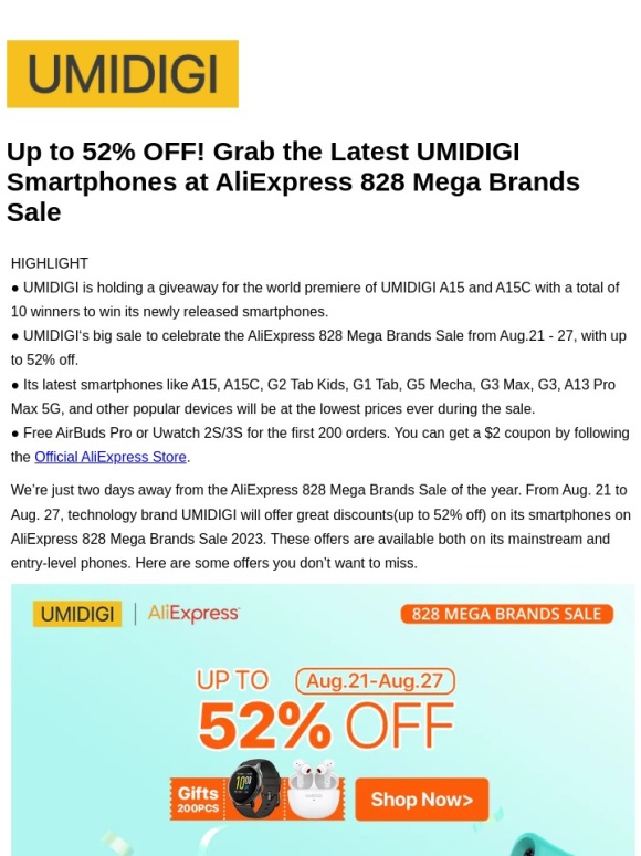 AliExpress - Up to 52% OFF! Grab the Latest UMIDIGI Smartphones at AliExpress 828 Mega Brands Sale