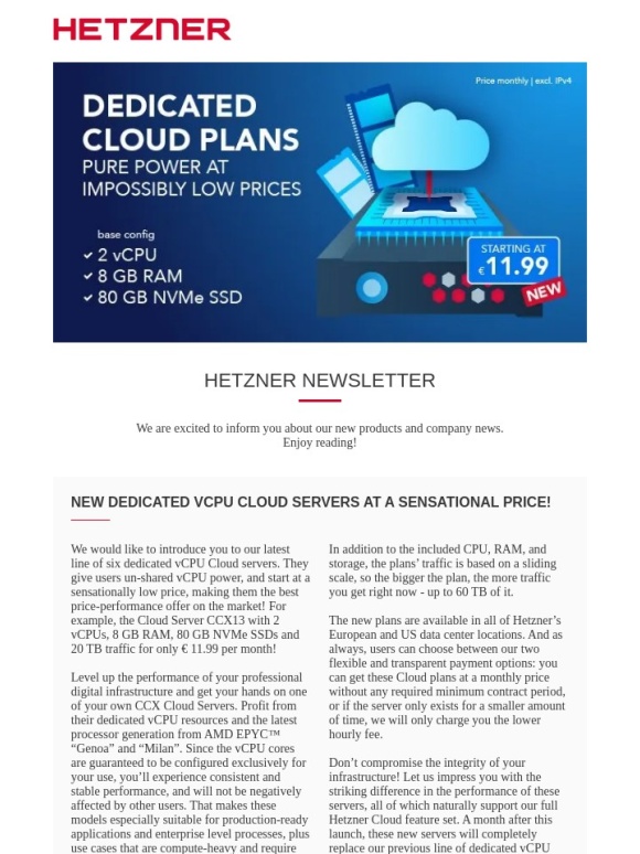 Hetzner - New Hetzner Dedicated vCPU Cloud Servers at a sensational price
