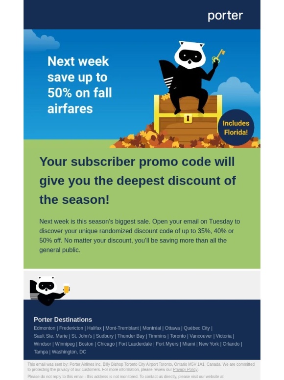Porter Airlines - Special subscriber savings in next week’s email