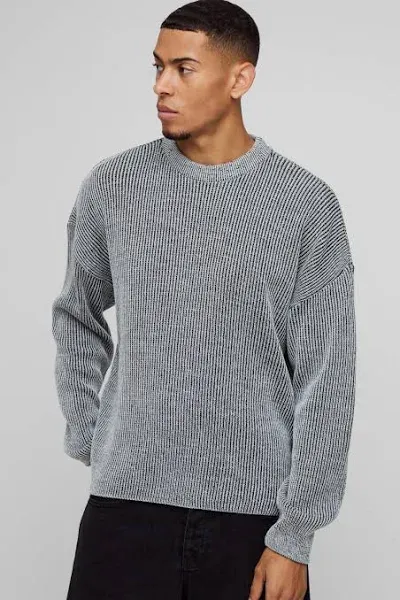 BoohooMAN Men's Boxy Crew Neck Dropped Shoulder Ribbed Knit Sweater