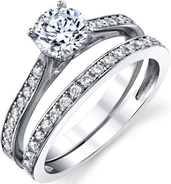 925 Sterling Silver Cubic Zirconia Cathedral Solitaire Bridal Ring Set