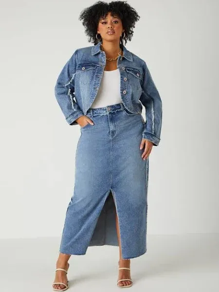 Ashley Stewart Plus Size Frayed Split Denim Maxi Skirt