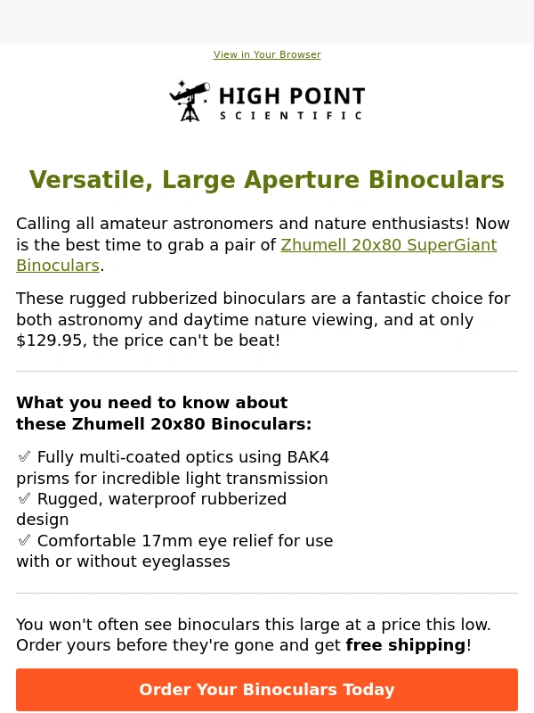 High Point Scientific - Zhumell 20x80 Binoculars Only $129.95