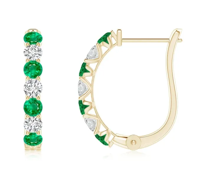 Prong-Set Emerald and Diamond Huggie Hoop Earrings