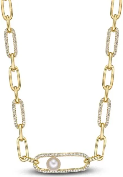 Jared 14K Yellow Gold Freshwater Cultured Pearl Clip Necklace with 3/8 Ct tw Diamonds