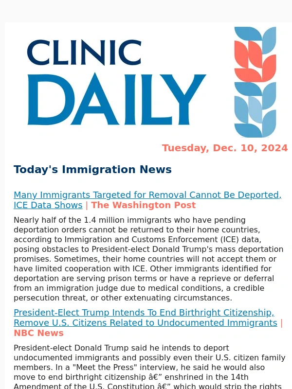 Washington Post - Immigrants Who Legally Entered U.S. May Be Vulnerable to Mass Deportations #CLINICDaily