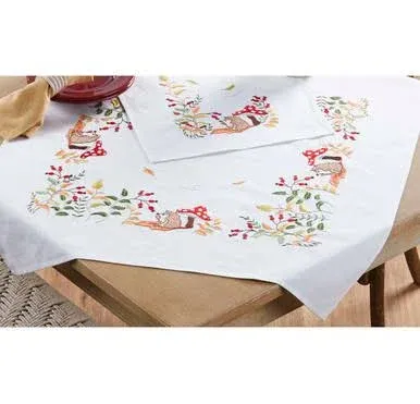Herrschners Hedgehog Mushroom & Leaves Table Topper Stamped Embroidery Kit