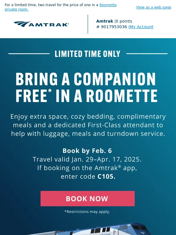 Amtrak - Your +1 Travels Free in a Roomette ?️