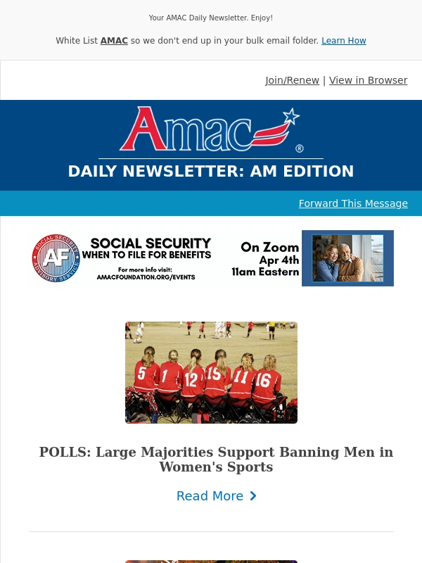 AMAC - POLLS: Large Majorities Support Banning Men in Women's Sports - Your AMAC Daily Newsletter: AM Edition