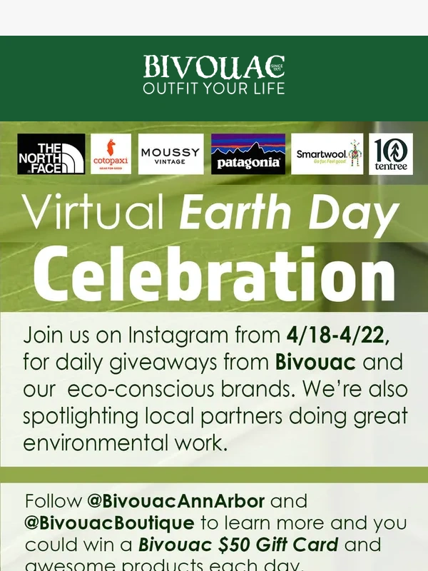 Bivouac Ann Arbor - Join us for our VIRTUAL Earth Day giveaway event