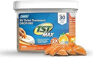 Camco TST MAX RV Toilet Treatment Drop-INs - Control Unwanted Odors & Break Down Waste and Tissue - Safe Septic Tank Treatment - Orange Scent, 30-Pack (41183)