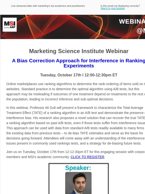 MSI - MSI Webinar: A Bias Correction Approach for Interference in Ranking Experiments