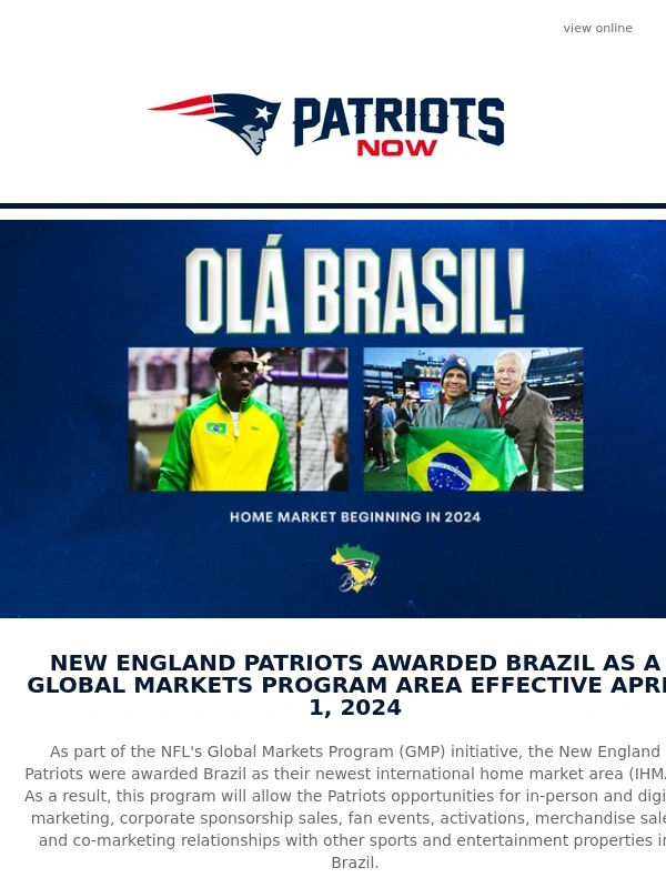 Patriots - Breaking News: Patriots awarded Brazil as a Global Markets Program Area