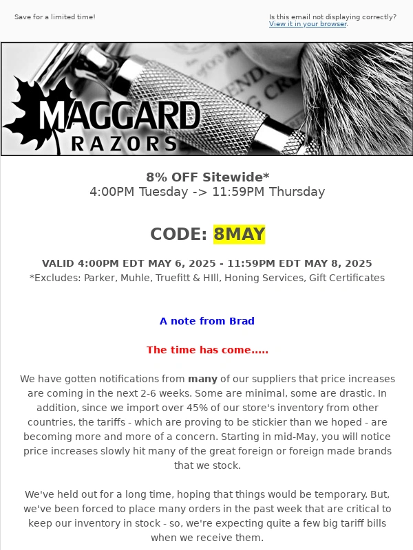 Maggard Razors - 56 Hour Sale @ Maggard Razors - 8% OFF
