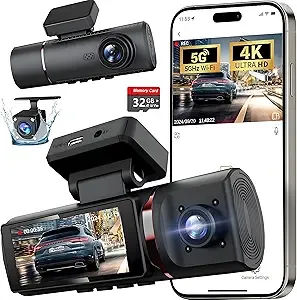 3 Channel 4K Dash Cam Front, 1080P Dash Camera Rear and Inside for Cars with 32GB Card, G-Sensor, 3.16 IPS Screen, 24Hr Parking, App Control,Loop Recording, Night Vision,Support 256GB Max