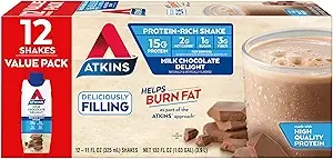 ATKINS Atkins Milk Chocolate Delight Protein Shake, 15g Protein, Low Glycemic, 2g Net Carb, 1g Sugar, Keto Friendly, 12 Count