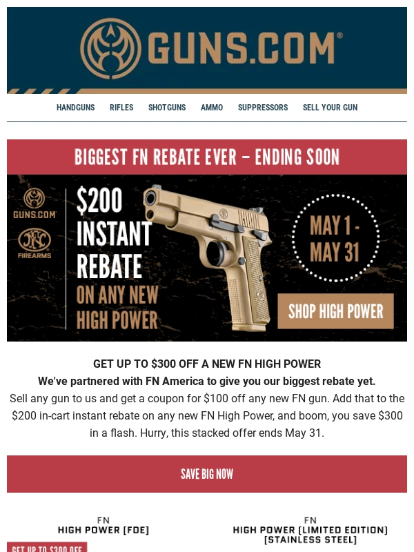 Guns - Ending Soon: $200 Instant Rebate + $100 Back for a New FN
