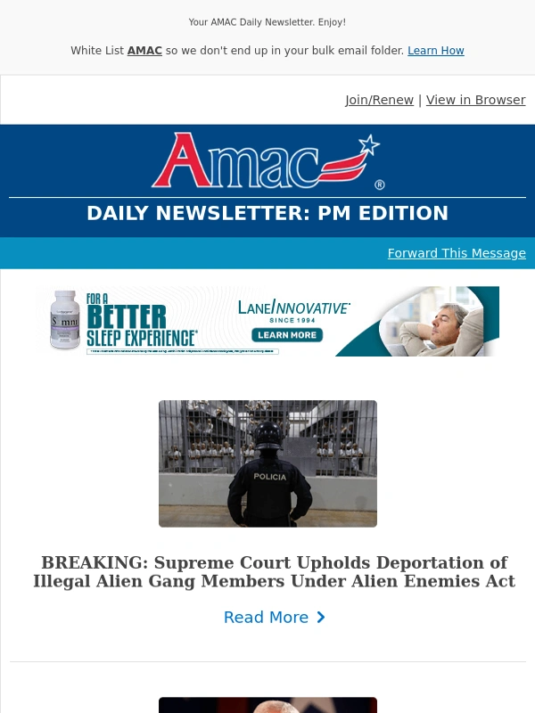 AMAC - BREAKING: Supreme Court Upholds Deportation of Illegal Alien Gang Members Under Alien Enemies Act - Your AMAC Daily Newsletter: PM Edition