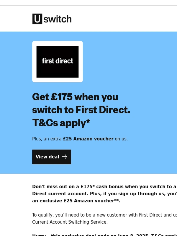 uSwitch - Switch to First Direct and get £175* + £25 voucher