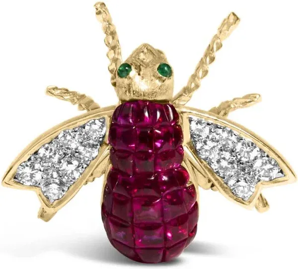 Haus of Brilliance 18K Yellow Gold 3/8 Cttw Diamond and 6 3/4 Cttw Red Ruby Bumblebee Brooch Pin