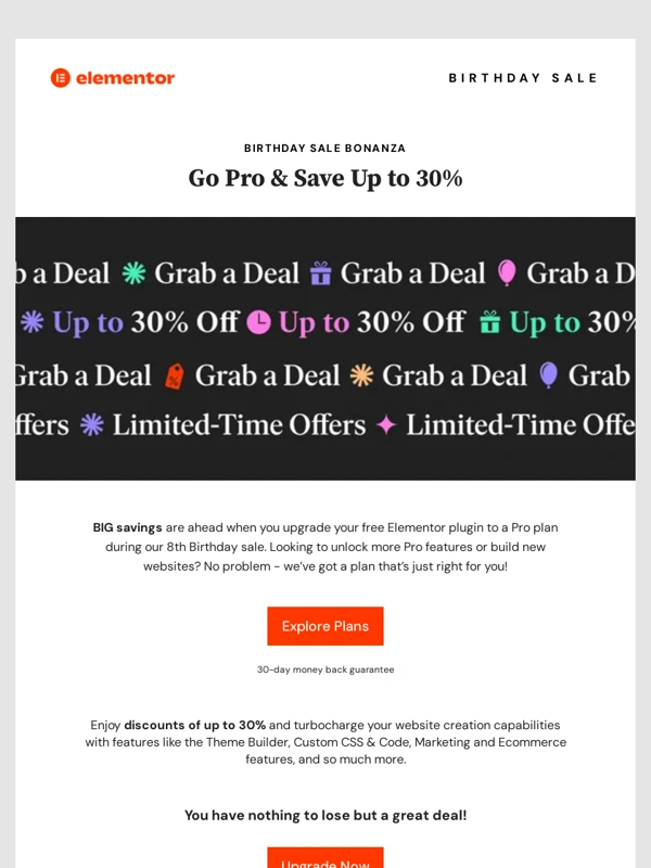 Elementor - Save up to 30% on our Birthday Sale