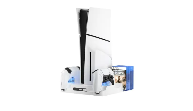 PS5 Pro Stand, PS5 Cooling Station with Dual PS5 Controller Charging Station, PS5 Stand Compatible with PS5/PS5 Slim/PS5 Pro Series Consoles, PS5 Slim Stand Equipped with 8 Game Disc Storage Slots
