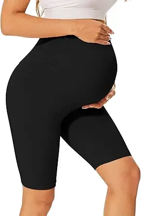 UBCUTE Maternity Biker Shorts Over Belly-High Waist Pregnancy Black Workout Yoga Shorts Comfy Running Activewear,Black,Medium