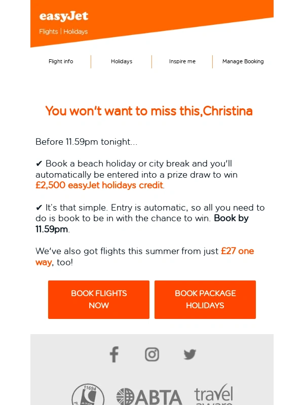 easyJet - Today only: your chance to win £2,500 easyJet holidays credit ?