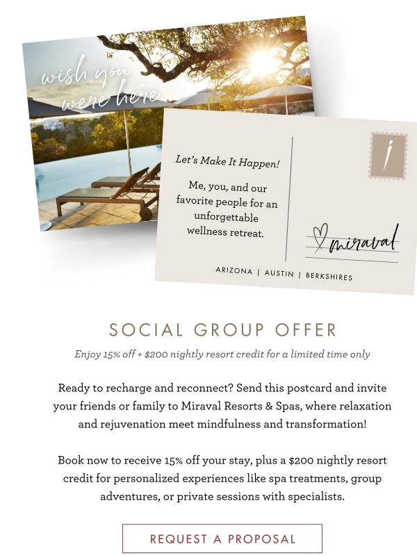 Miraval Austin - Postcard Perfect: Invite Friends for a Miraval Retreat & Save 15%!
