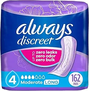 Always Discreet Adult Incontinence Pads for Women, Moderate Absorbency, Long Length, Postpartum Pads, 162 Count (Packaging May Vary)