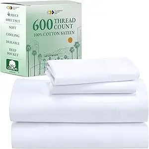 California Design Den Queen Sheet Set - Luxury 600 Thread Count Sateen, 100% Cotton Deep Pocket Queen Sheets with All Around Elastic, Snug Fit, Hotel Quality Bedding Set - White