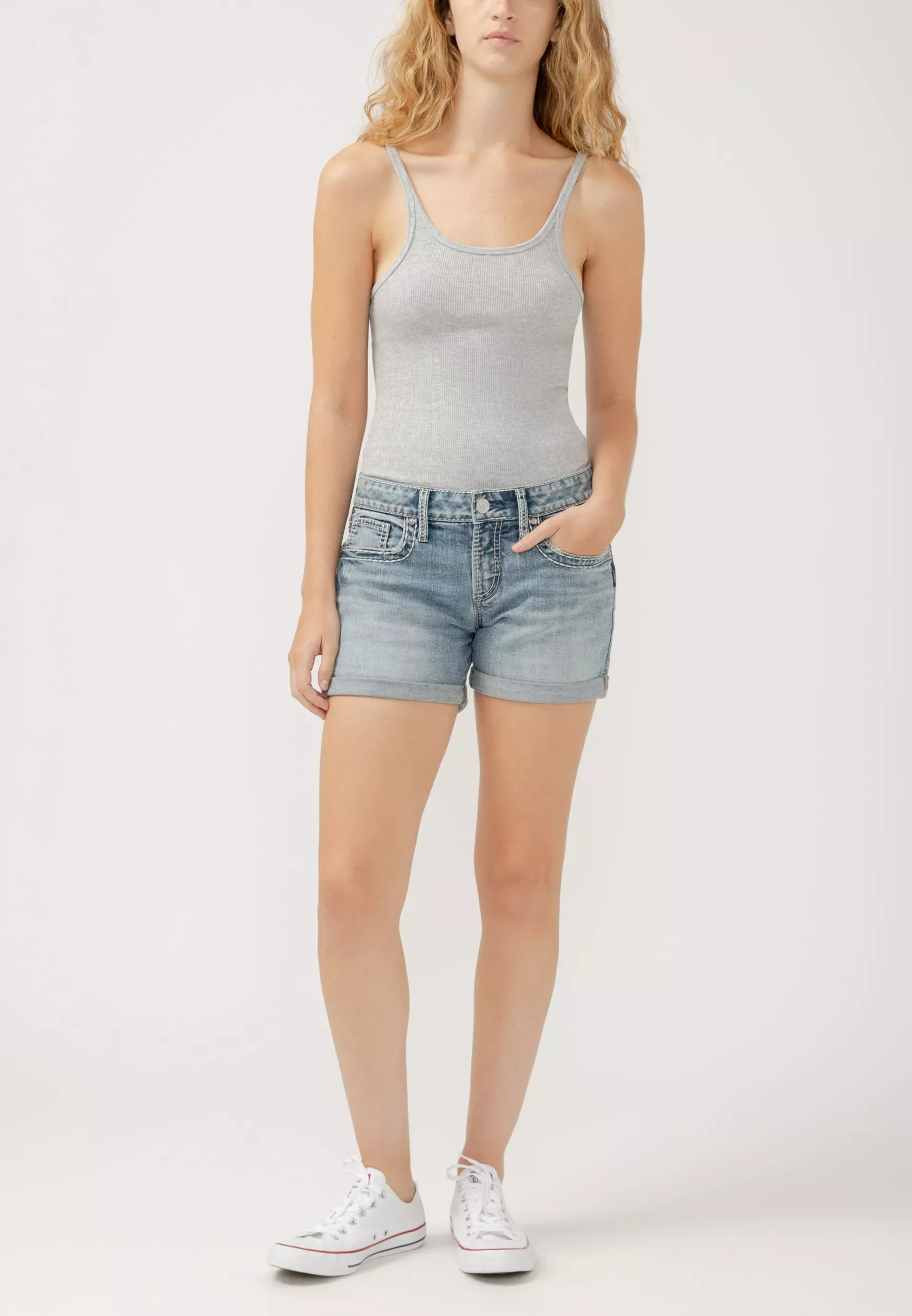 Silver Jeans Co. Silver Jeans Co.® Women's Britt Curvy Low Rise Vintage Thick Stitch Rolled Hem 4In Shorts Blue Denim  - 34