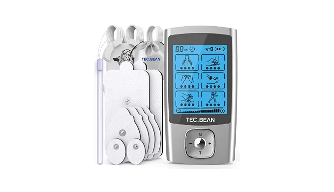 TEC.BEAN 24 Modes Tens Unit Muscle Stimulator, Rechargeable Tens Machine with 8 Electrode Pads (American Gel), Electric Pulse Massager for Pain Relief Therapy（Silver)