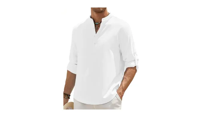 hawalili Mens Casual Henley Shirt Band Collar Long Sleeve Shirt Beach Hippie Summer Button T Shirt White XX-Large