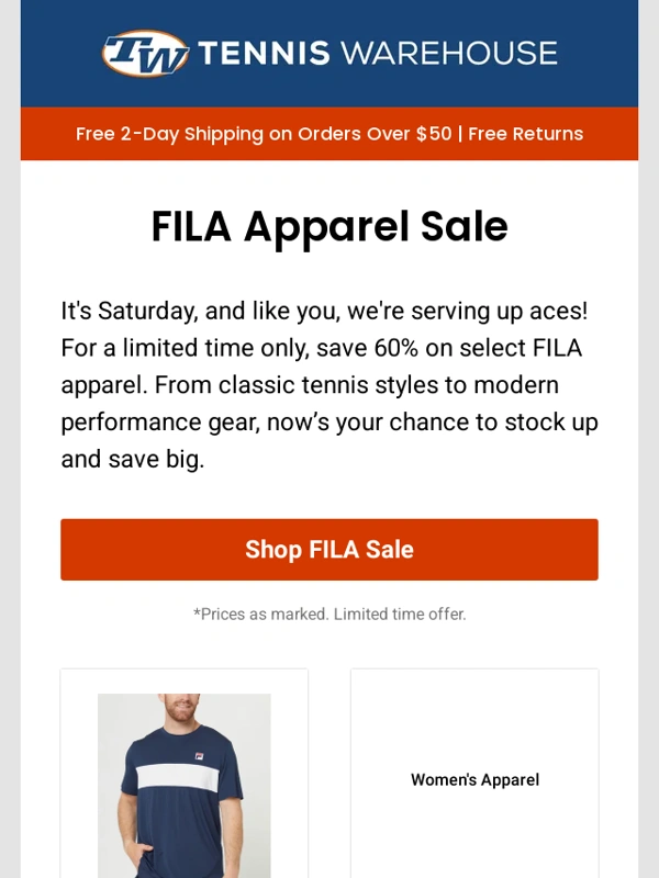 Tennis Warehouse - FILA Sale! 60% Off Apparel