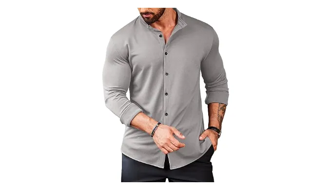 COOFANDY Men Button Down Shirts Long Sleeve Dress Shirts Stretch Wrinkle Free Shirts Light Gray