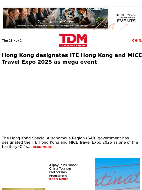 Marriott Bonvoy Hotels - Alipay joins Nihao! China Tourism Partnership Programme | Cathay lauds Hong Kong International Airport for commissioning of Three-Runway System | Hong Kong designates ITE Hong Kong and MICE Travel Expo 2025 as mega event