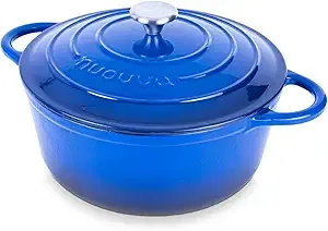 Cast Iron Dutch Oven with Lid – Non-Stick Ovenproof Enamelled Casserole Pot, Oven Safe up to 500° F – Sturdy Dutch Oven For Bread Baking – Dark Blue, 6.4-Quart, 28cm – by Nuovva