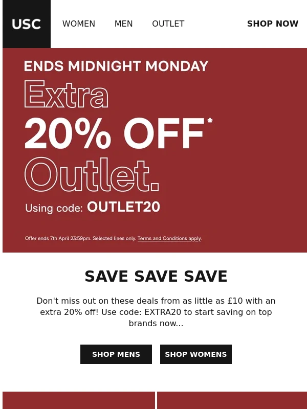 USC - Extra 20% off Outlet ends midnight Monday