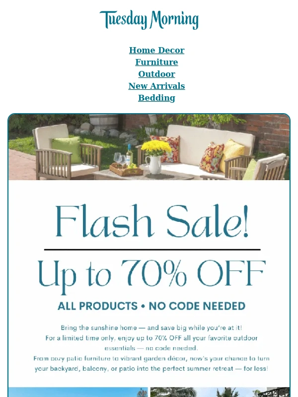 Tuesday Morning - Super Spring Flash Sale– Shop Up to 70% Off- Site Wide!