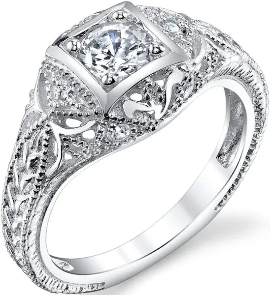 Women's Metal Masters Co. Carved Sterling Silver Vintage Cubic Zirconia Bridal Engagement Ring Sizes 5-9