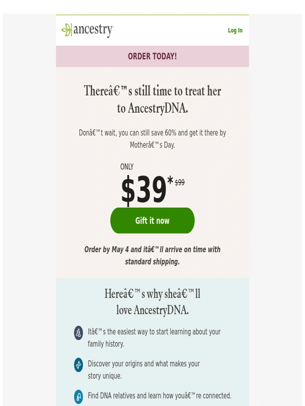 Ancestry - Save 60% and get AncestryDNA there by Mother's Day!