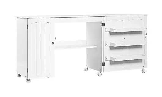 Costway Folding Sewing Table with Shelves, Storage Cabinet, Craft Cart, and Wheels