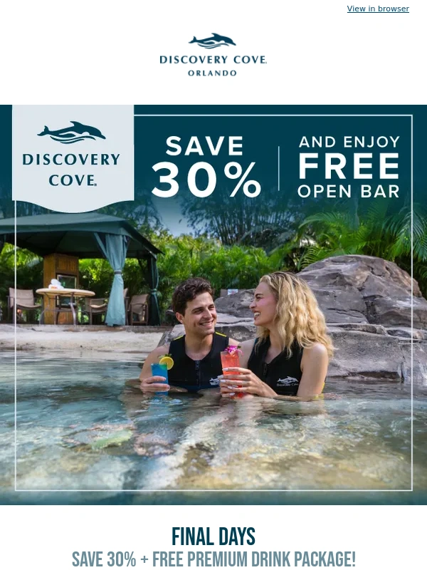 Discovery Cove - Final Days to Save 30% + Get Free Premium Drink Package