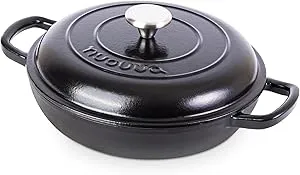 Shallow Cast Iron Casserole with Lid – Non Stick Dutch Oven Pot, Oven Safe up to 500° F – Sturdy Ovenproof Stockpot Cookware – Enamelled Cooking Pot – Black, 1.1-Quart, 26cm – by Nuovva