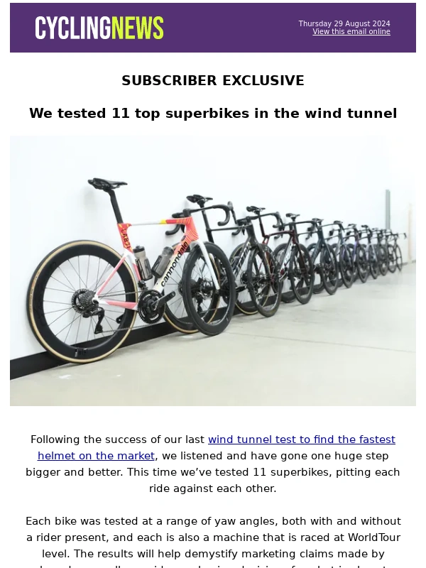 Cycling Weekly - Which superbike is the fastest? Cyclingnews puts 11 bikes through wind tunnel test
