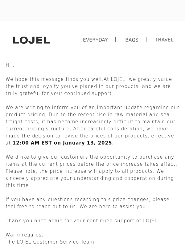 LOJEL - Important Announcement: Price Increase Coming Soon