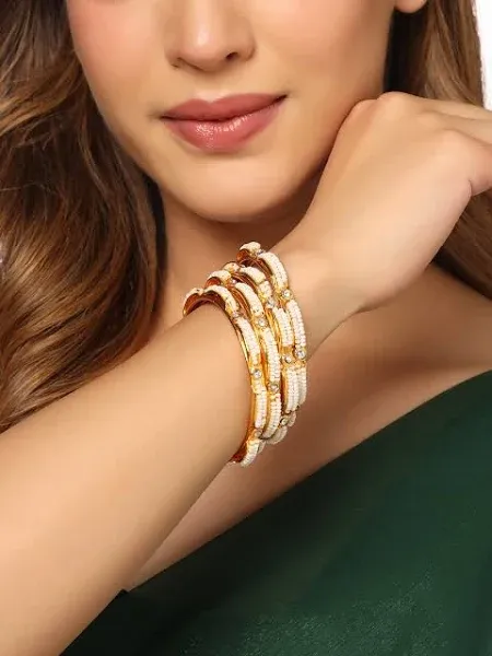 Trendia Women's Gold-Plated Pearl Beaded Bangle Set of 4