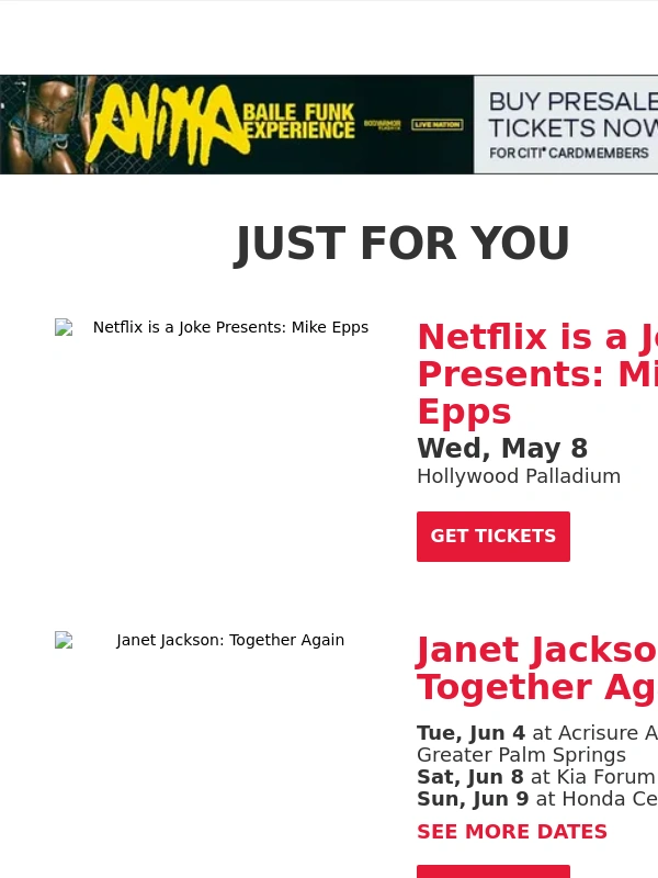 Live Nation - Your Upcoming Concert Lineup: Mike Epps,Janet Jackson,Tim McGraw