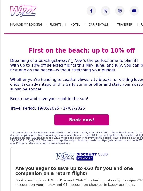 Wizz Air - Up to 10% off flights for your early summer escape! ?